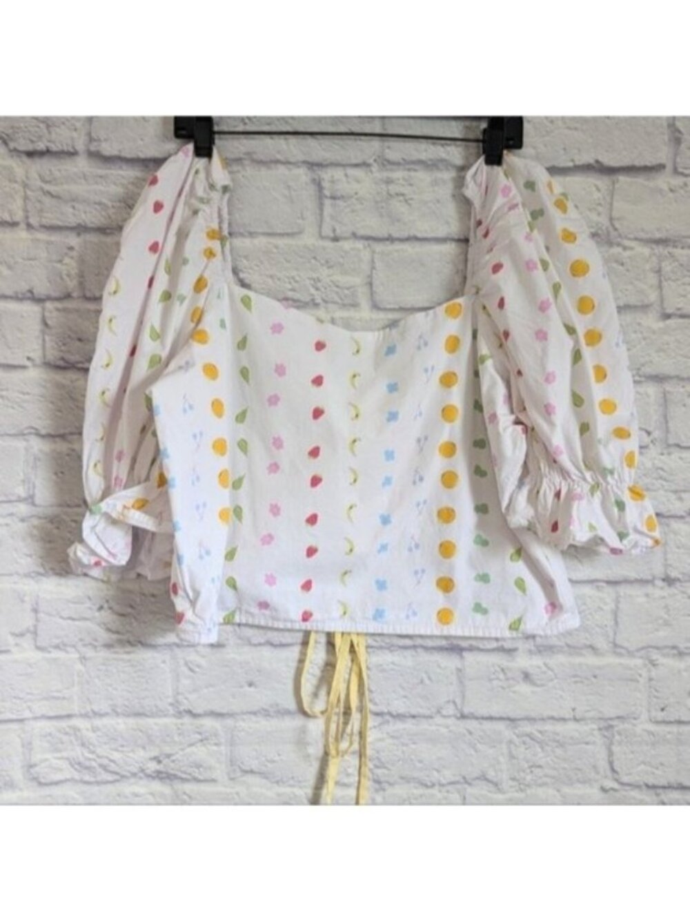 By Megan Crosby Sophie Crop Top XL Juicy Joy Fruit Print White Pastel Lace Up